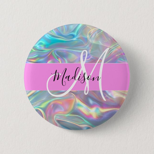 Girly Rainbow Holographic Iridescent Monogram Name Button (Front)