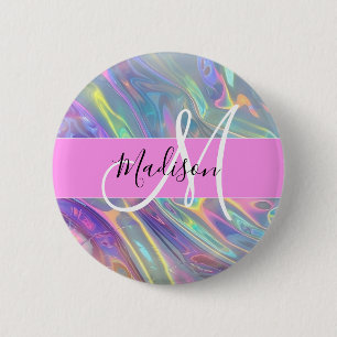 Girly Rainbow Holographic Iridescent Monogram Name Button