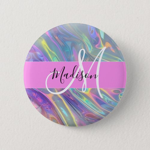 Girly Rainbow Holographic Iridescent Monogram Name Button