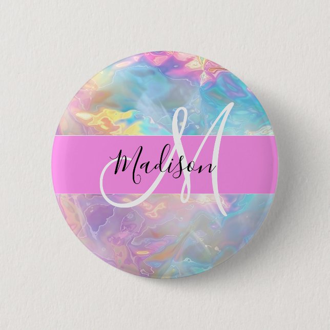 Girly Rainbow Holographic Iridescent Monogram Name Button (Front)