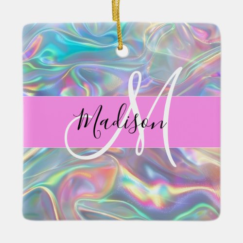 Girly Rainbow Holographic Iridescent Monogram Name Ceramic Ornament