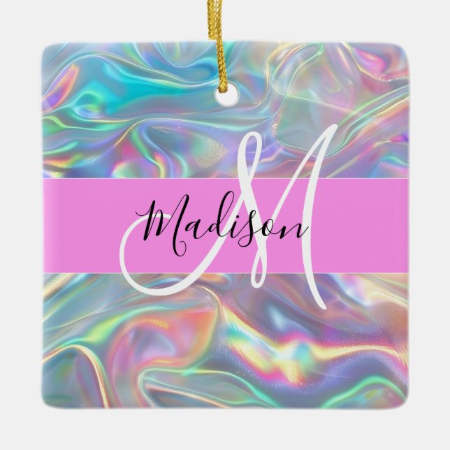 Girly Rainbow Holographic Iridescent Monogram Name Ceramic Ornament (Front)