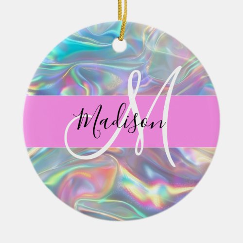 Girly Rainbow Holographic Iridescent Monogram Name Ceramic Ornament