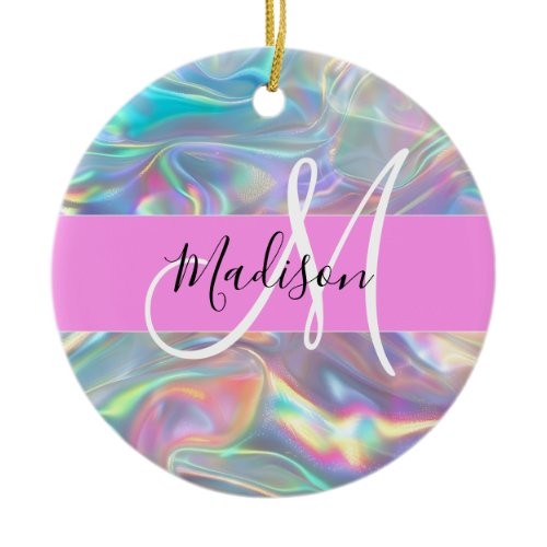 Girly Rainbow Holographic Iridescent Monogram Name Ceramic Ornament