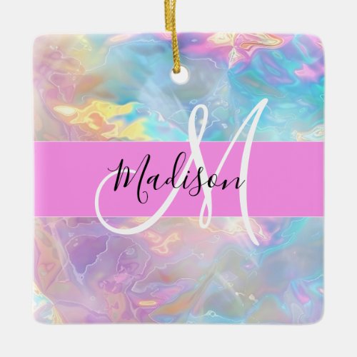 Girly Rainbow Holographic Iridescent Monogram Name Ceramic Ornament