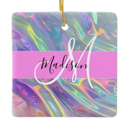 Girly Rainbow Holographic Iridescent Monogram Name Ceramic Ornament