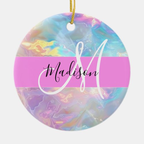 Girly Rainbow Holographic Iridescent Monogram Name Ceramic Ornament