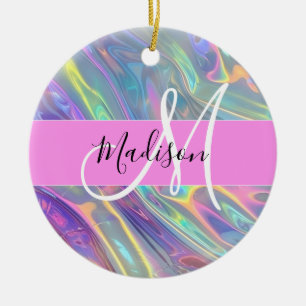 Girly Rainbow Holographic Iridescent Monogram Name Ceramic Ornament