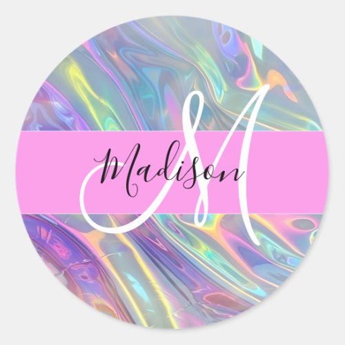 Girly Rainbow Holographic Iridescent Monogram Name Classic Round Sticker