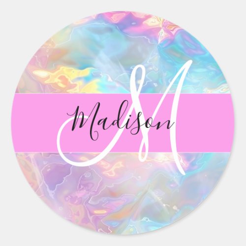 Girly Rainbow Holographic Iridescent Monogram Name Classic Round Sticker