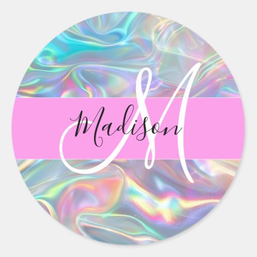 Girly Rainbow Holographic Iridescent Monogram Name Classic Round Sticker