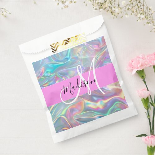 Girly Rainbow Holographic Iridescent Monogram Name Favor Bag