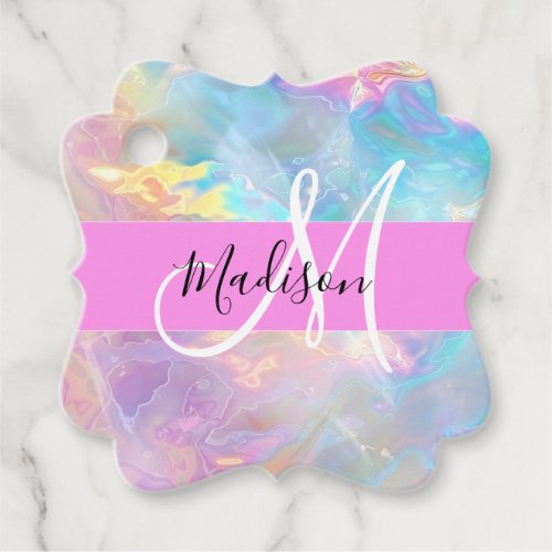 Girly Rainbow Holographic Iridescent Monogram Name Favor Tags