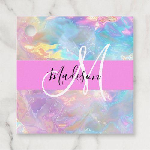 Girly Rainbow Holographic Iridescent Monogram Name Favor Tags