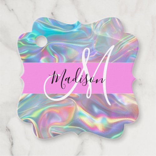 Girly Rainbow Holographic Iridescent Monogram Name Favor Tags