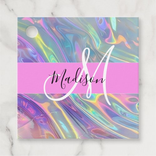 Girly Rainbow Holographic Iridescent Monogram Name Favor Tags