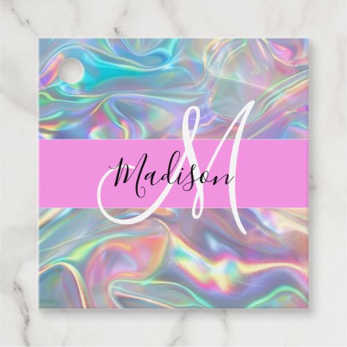 Girly Rainbow Holographic Iridescent Monogram Name Favor Tags