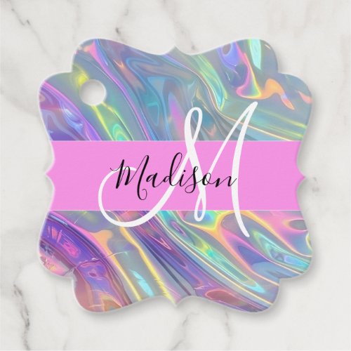 Girly Rainbow Holographic Iridescent Monogram Name Favor Tags