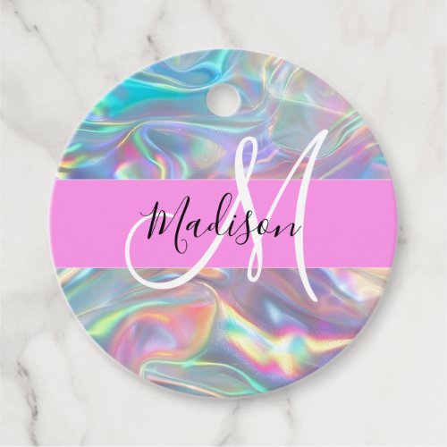 Girly Rainbow Holographic Iridescent Monogram Name Favor Tags