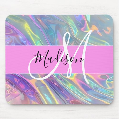 Girly Rainbow Holographic Iridescent Monogram Name Mouse Pad