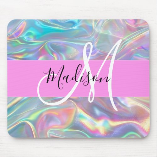 Girly Rainbow Holographic Iridescent Monogram Name Mouse Pad