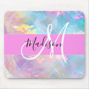 Girly Rainbow Holographic Iridescent Monogram Name Mouse Pad