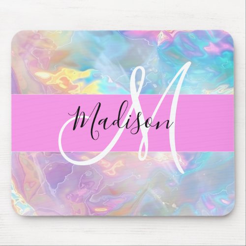 Girly Rainbow Holographic Iridescent Monogram Name Mouse Pad