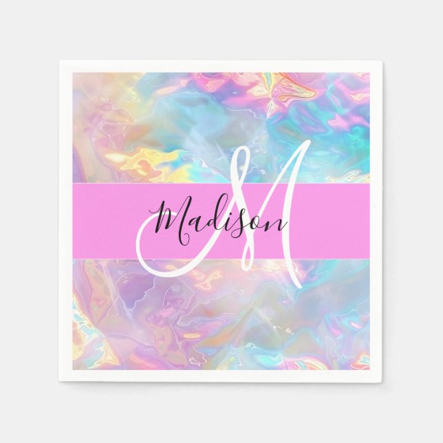 Girly Rainbow Holographic Iridescent Monogram Name Napkins (Front)