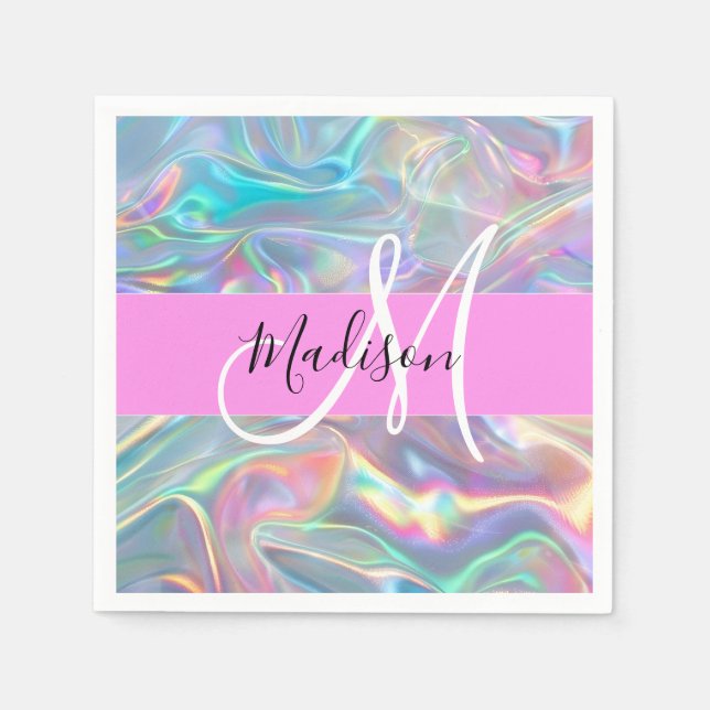 Girly Rainbow Holographic Iridescent Monogram Name Napkins (Front)