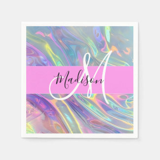 Girly Rainbow Holographic Iridescent Monogram Name Napkins
