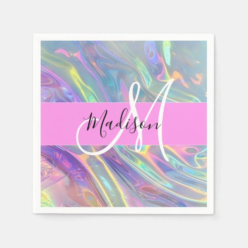 Girly Rainbow Holographic Iridescent Monogram Name Napkins