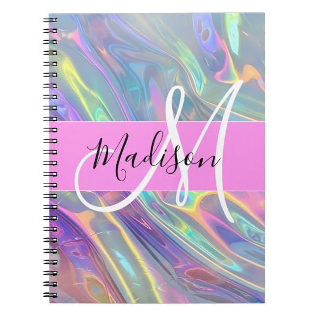 Girly Rainbow Holographic Iridescent Monogram Name Notebook (Front)