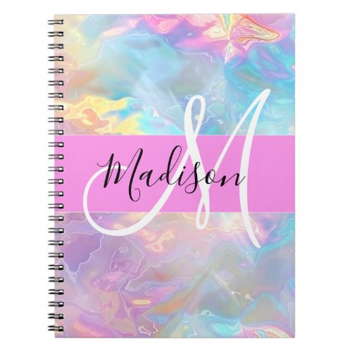 Girly Rainbow Holographic Iridescent Monogram Name Notebook