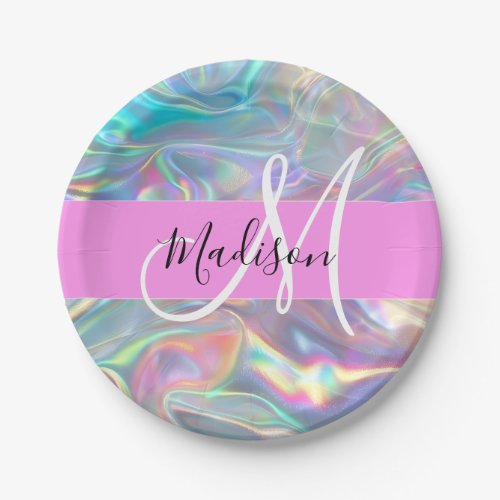 Girly Rainbow Holographic Iridescent Monogram Name Paper Plates