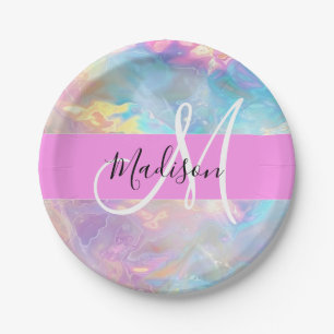 Girly Rainbow Holographic Iridescent Monogram Name Paper Plates