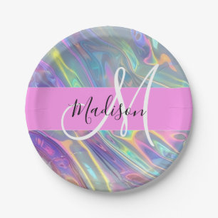 Girly Rainbow Holographic Iridescent Monogram Name Paper Plates