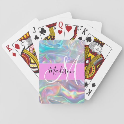 Girly Rainbow Holographic Iridescent Monogram Name Playing Cards