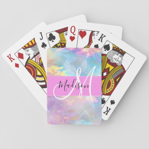 Girly Rainbow Holographic Iridescent Monogram Name Poker Cards