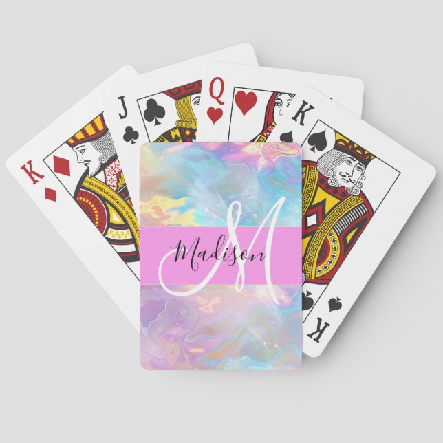 Girly Rainbow Holographic Iridescent Monogram Name Poker Cards (Back)