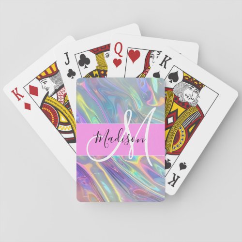 Girly Rainbow Holographic Iridescent Monogram Name Poker Cards