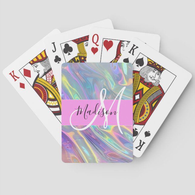 Girly Rainbow Holographic Iridescent Monogram Name Poker Cards (Back)