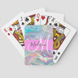 Girly Rainbow Holographic Iridescent Monogram Name Poker Cards