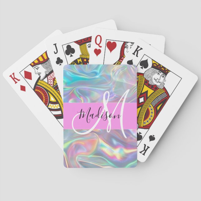 Girly Rainbow Holographic Iridescent Monogram Name Poker Cards (Back)