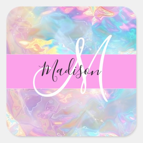 Girly Rainbow Holographic Iridescent Monogram Name Square Sticker