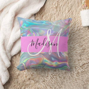 Girly Rainbow Holographic Iridescent Monogram Name Throw Pillow