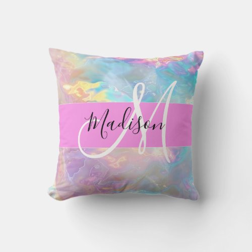 Girly Rainbow Holographic Iridescent Monogram Name Throw Pillow