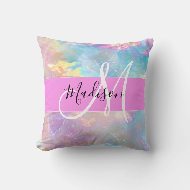 Girly Rainbow Holographic Iridescent Monogram Name Throw Pillow (Front)