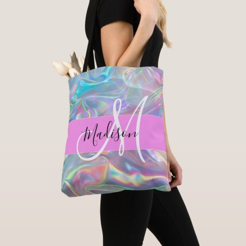 Girly Rainbow Holographic Iridescent Monogram Name Tote Bag