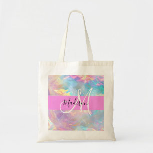 Girly Rainbow Holographic Iridescent Monogram Name Tote Bag