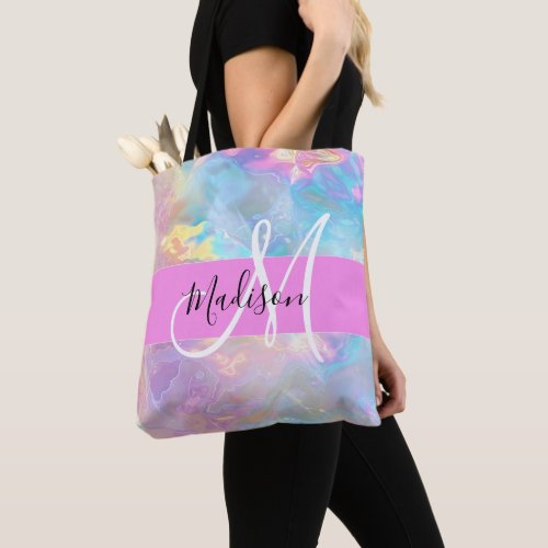 Girly Rainbow Holographic Iridescent Monogram Name Tote Bag